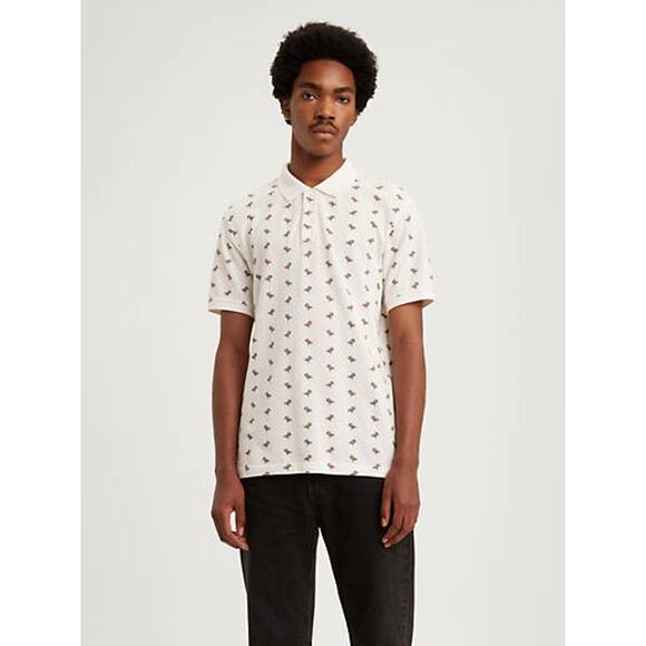 Levi's Cotton All Over Flamingo Print Chest Logo Polo Shirt Men S White/Pink NWT - Picture 1 of 9